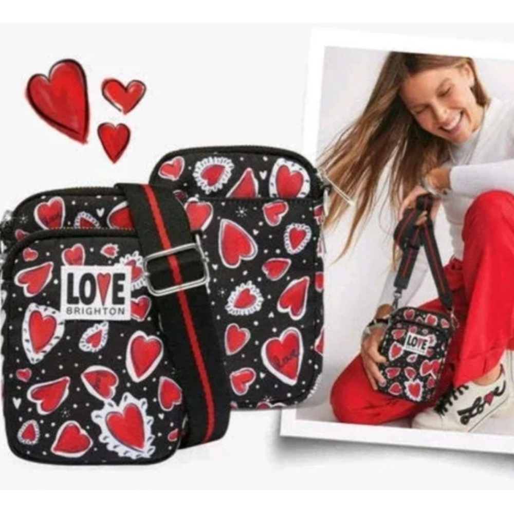 BRIGHTON HEARTS A FLUTTER CROSSBODY UTILITY BAG BLACK RED LOVE SIVER HARDWARE